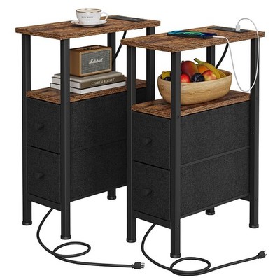 2 Set Narrow Side Table for Small Spaces, Skinny End Table with Charging Stat...