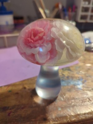 Large Resin Mushroom With Pink White And Cream Carnations Inside Handmade 