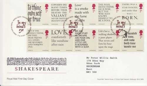 GB Stamps First Day Cover 400th Anniv. Death of Shakespeare, play poem  SHS 2016