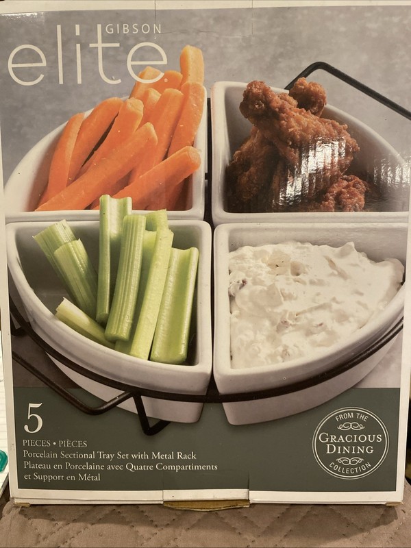 Gibson Elite 5 Piece Porcelain Sectional Wedge Tray Set with Metal Rack 