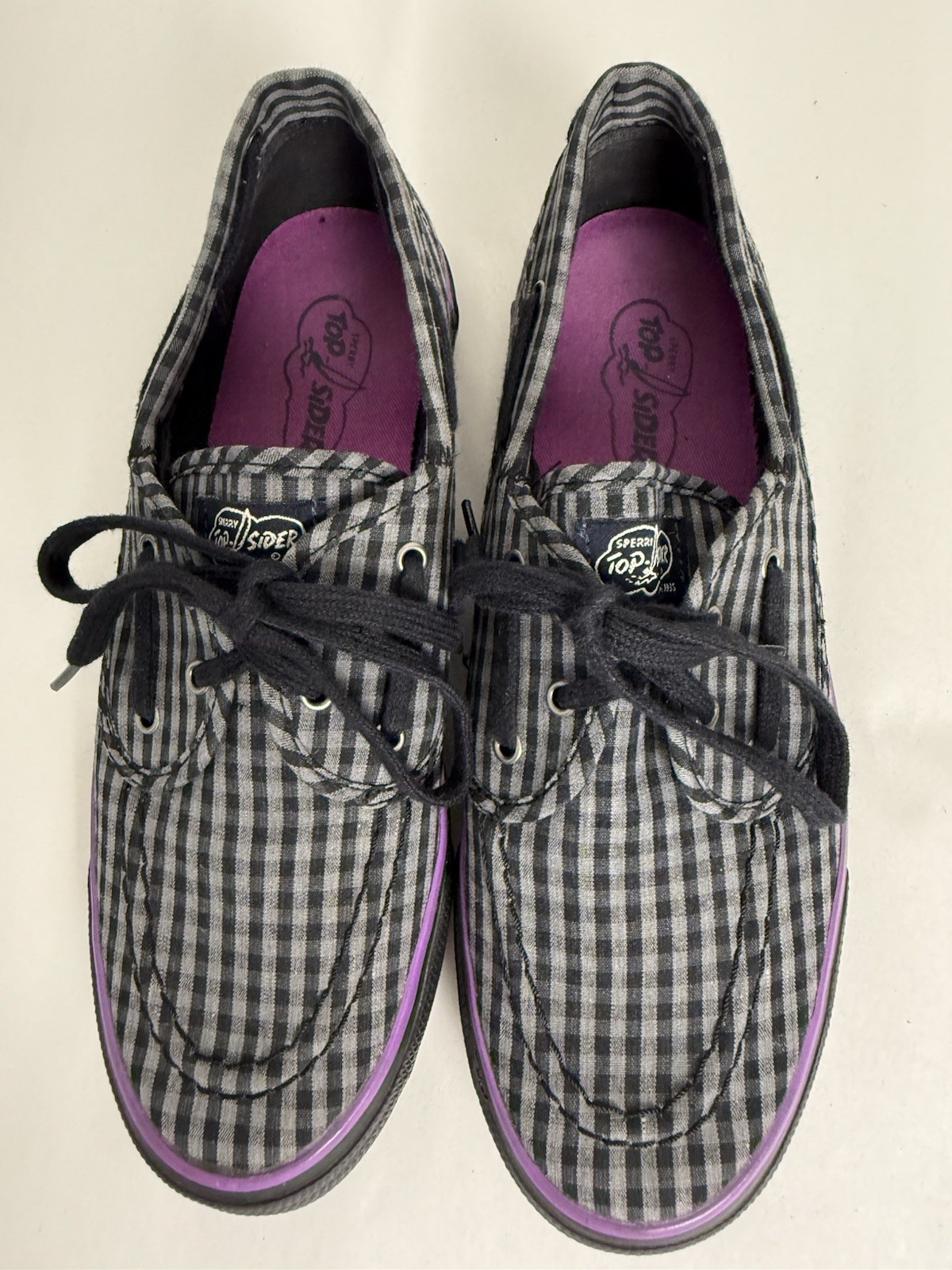 SAOLA Sperry Top Sider scarpe donna nero tela grigio check nero suola gomma 8 5 preppy