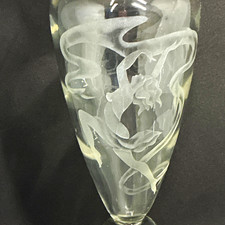 Unmarked Clear Art Glass Vase, Etched Floral Flower Design, 11 in