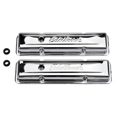 Edelbrock Valve Cover Set 4449; Signature Series Short Chrome Steel for SBC