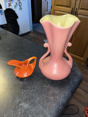 lot of 2 Red Wing Pottery USA Double Handle Vase and Creamer Pitcher