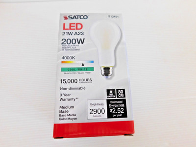 Satco S12451 LED A23 120 V 21W =200W Medium E26 Non-Dimmable 4000K Cool White