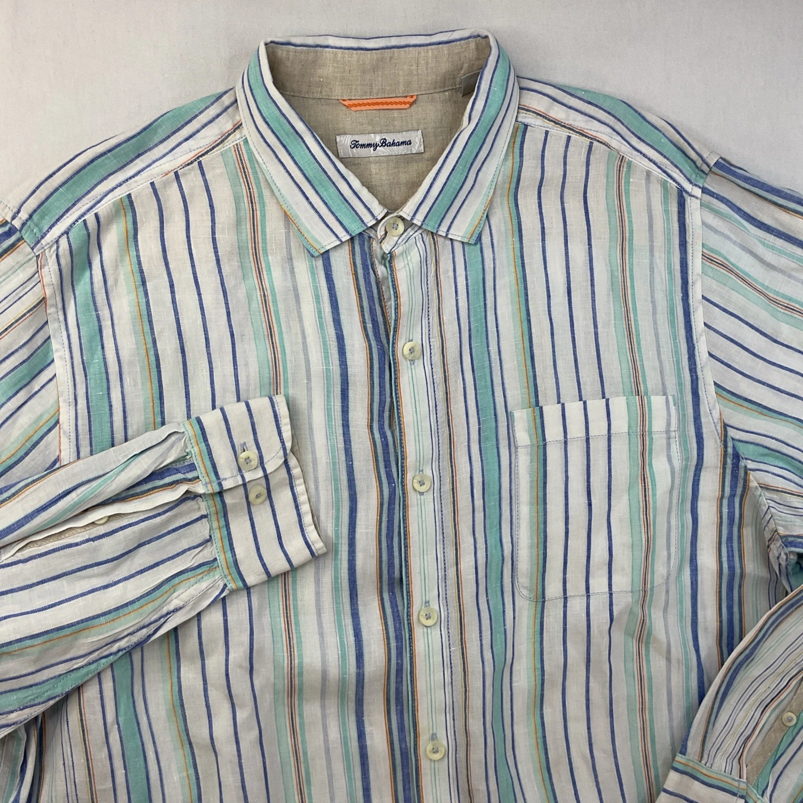 Tommy Bahama Shirt Men Sz XL 100% Linen Vertical Striped Long Sleeve Resort