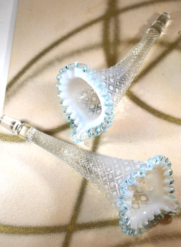 2 Vintage FENTON Epergne HORNS Diamond Lace Aqua Crest 10"