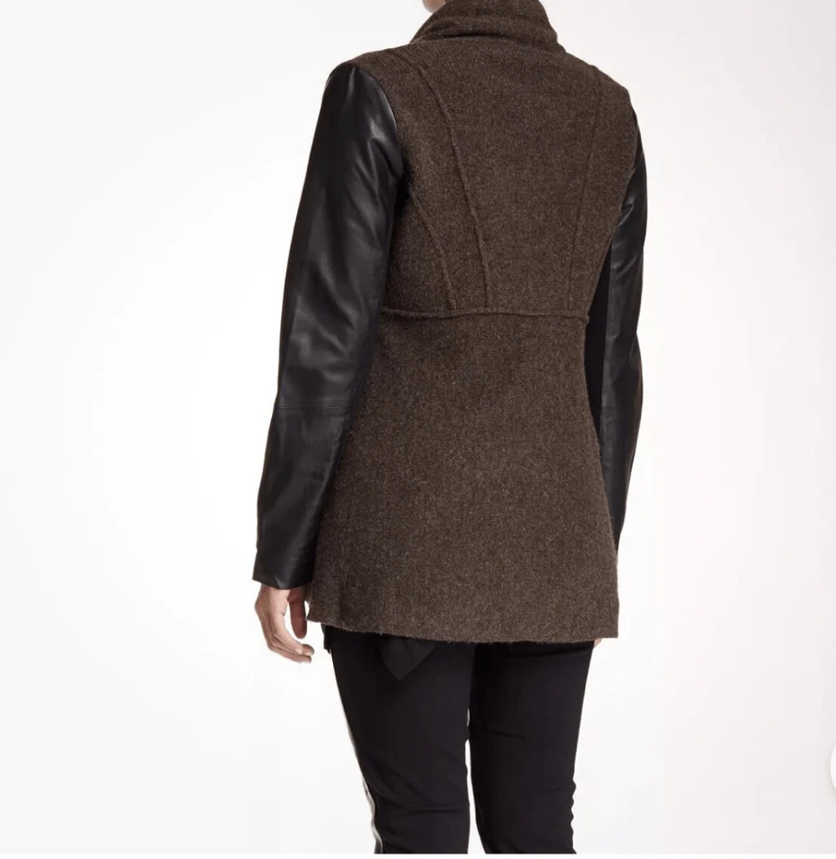 Chaqueta chal de lana de cordero merino manga cuero PEAT Eileen Fisher talla M Foto 2 de 4