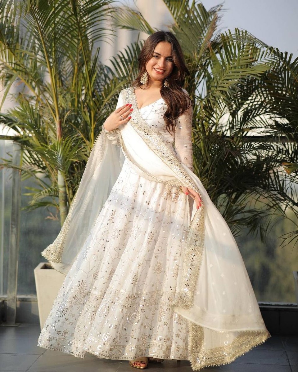 White Designer Faux Georgette Gown With New Stylist Dupatta For Reception