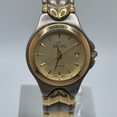 Elgin Watch Womens 27mm Two Tone Case Band Date Quartz Analog Three Hands