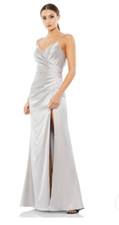 Mac Duggal Satin Sleeveless Faux Wrap Ruched Gown 26585 Platinum Silver Size 14