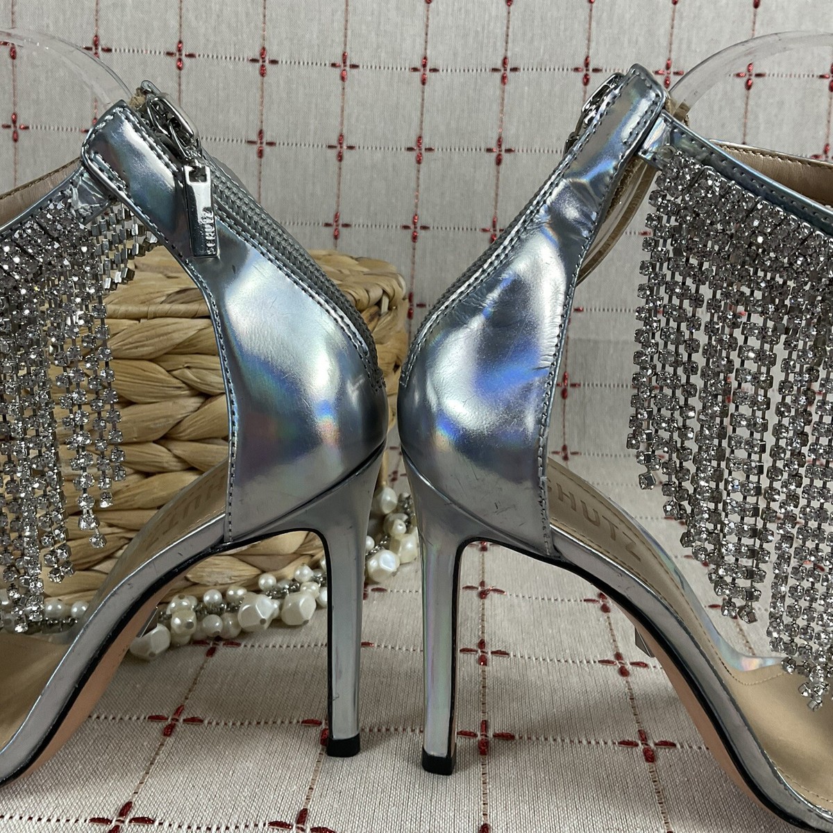 SCHUTZ “Lory” Iridescent Silver Leather Crystal Fringe  display picture 1