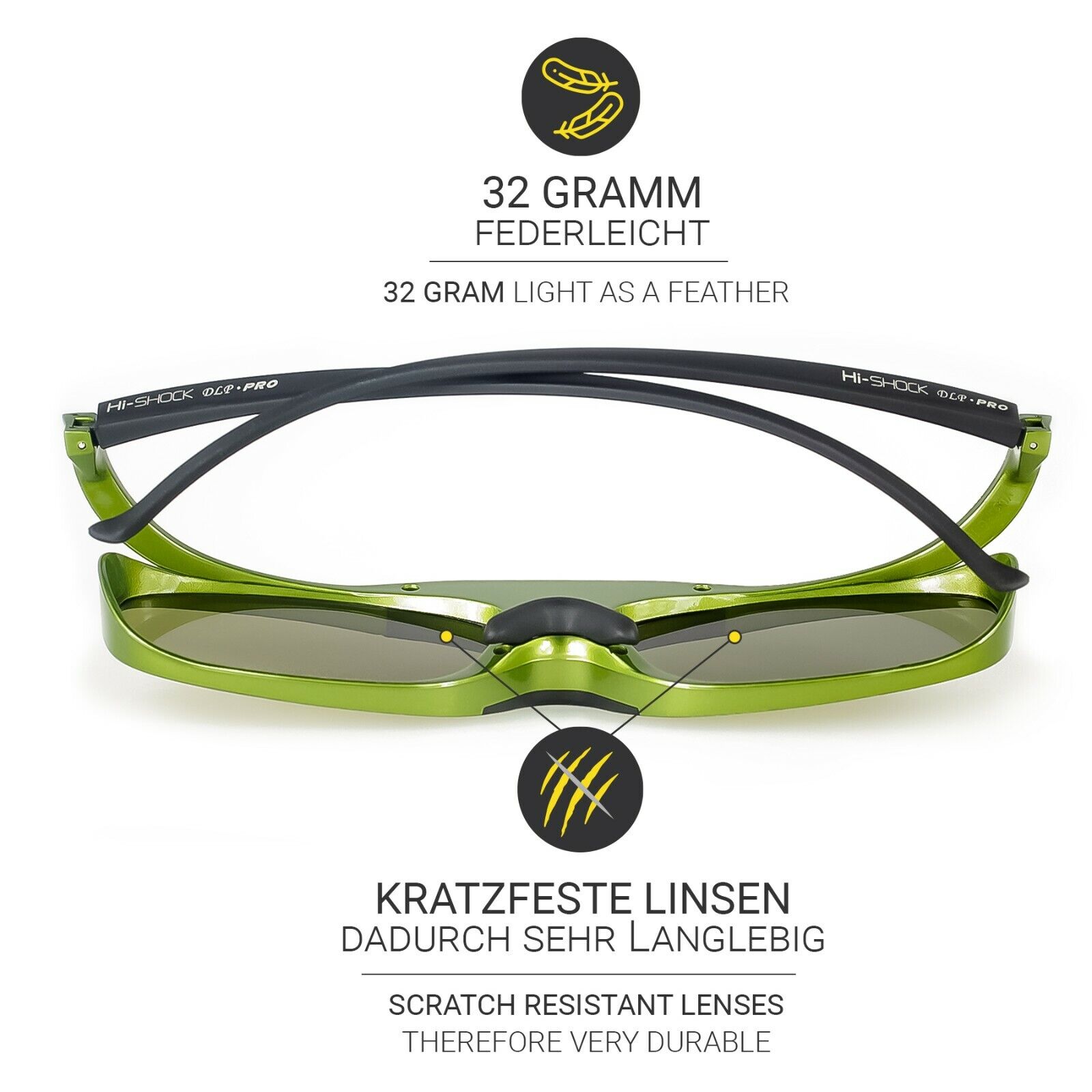 2x Hi-SHOCK DLP Lime Heaven 3D Brille für Acer Optoma 3D Beamer - Akku - USB