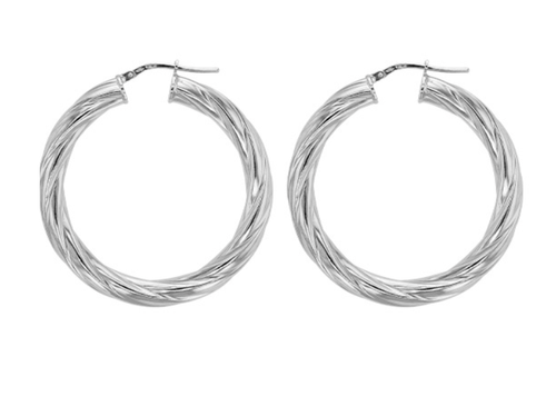 Boucles D'oreilles Créoles Torsadées - Argent 925 Rhodié, 3 Cm, Neuves Avec étiquettes