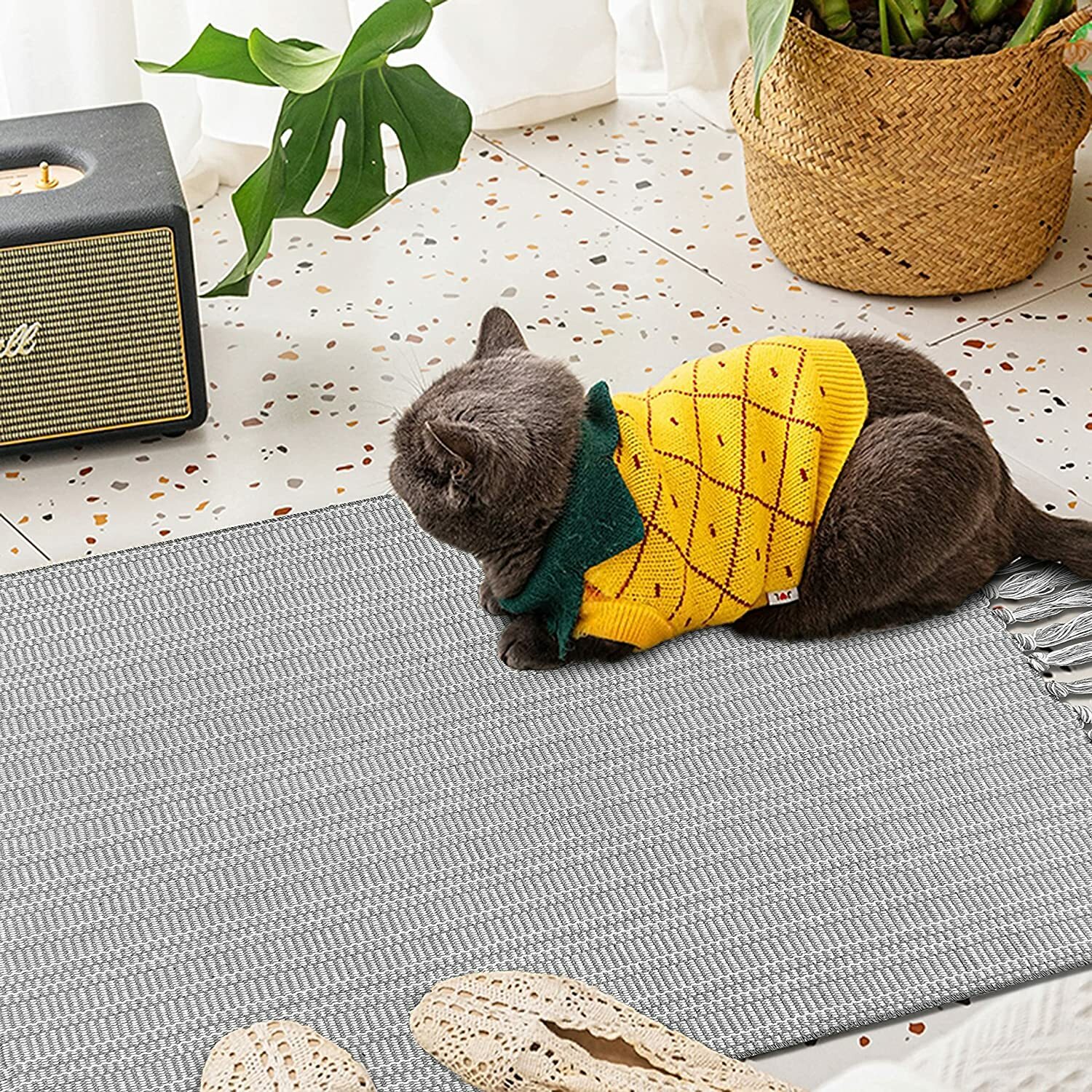 Boho Bathroom Rugs 2x3 Grey Farmhouse Rug with Tassels Woven Washable