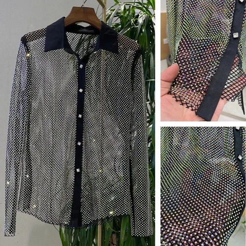 Lady Rhinestone Crystal Shirt Party Blouse Net Sheer Shiny Glitter Club Wear - Picture 2 of 16