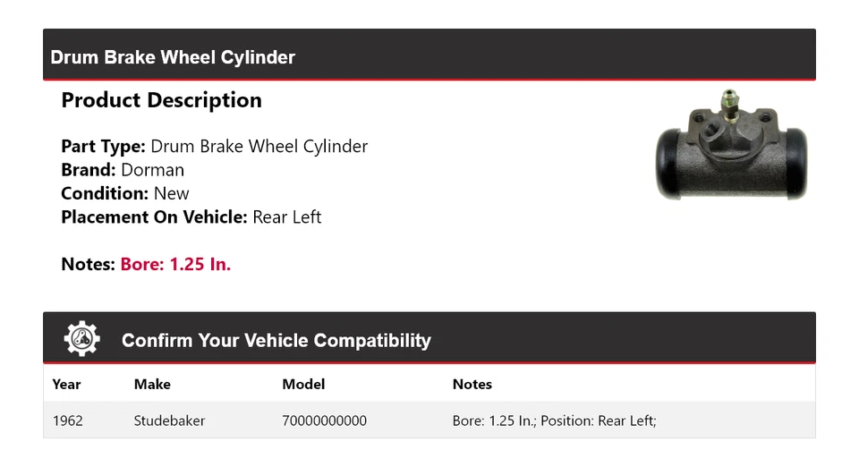Cilindro de rueda de freno de tambor trasero izquierdo Studebaker 7E10 Dorman 1962 Foto 2 de 3