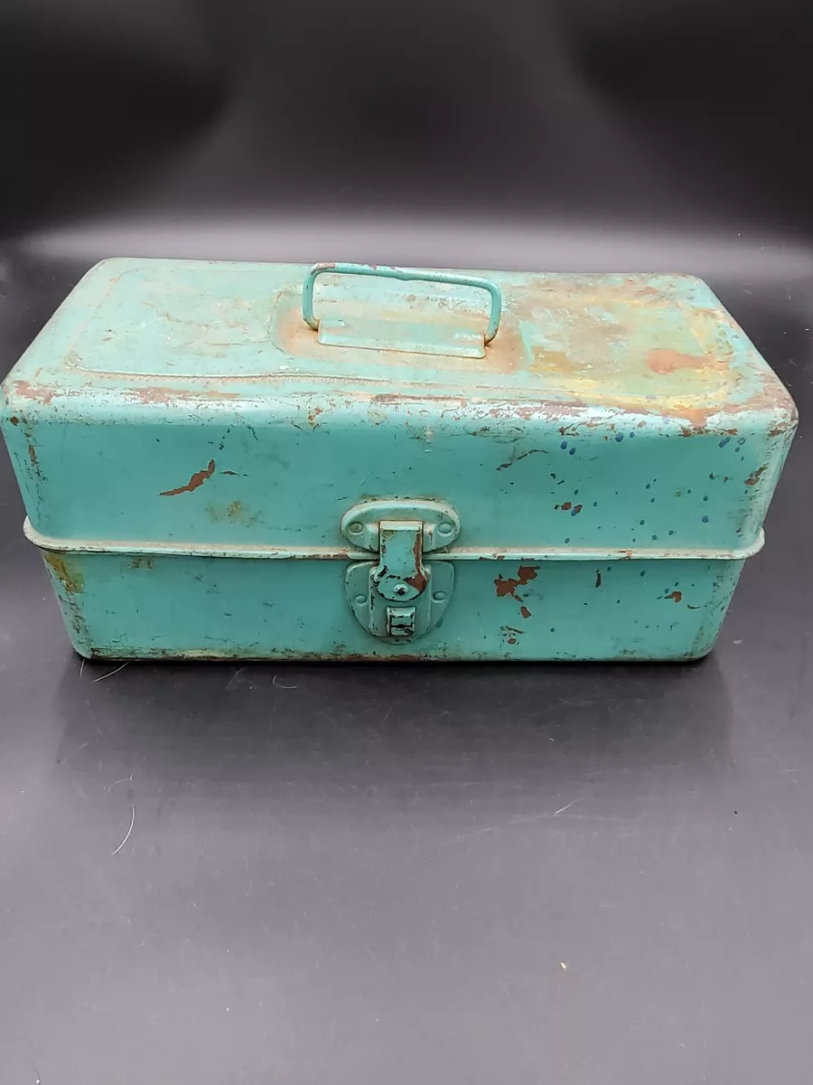 Vintage USA teal Liberty Steel Chest Tackle Box 12 w Ruler Fish Fishing  Tackle