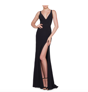 mac duggal plunge neck slit jersey gown