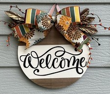 Welcome Wood Round Sign Fall Door Porch Wall Decor Farmhouse Bow Autumn Outside