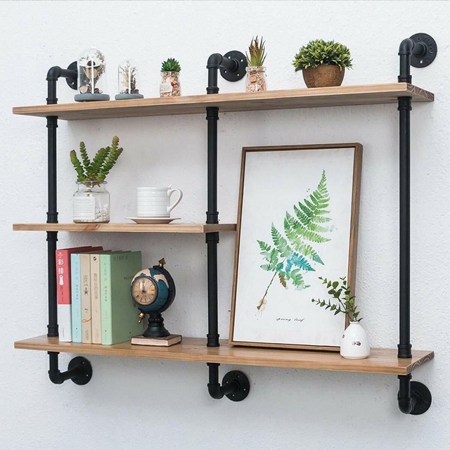 Nice Industrial Style Black Metal Pipes & 3 Wooden Shelves Wall Mount