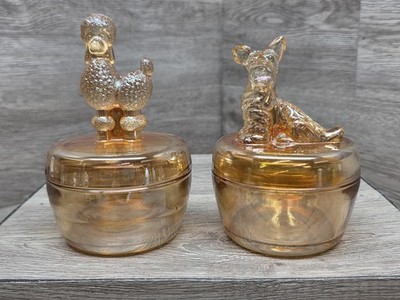 Vtg Jeannette Marigold Carnival Glass Scottie & Poodle Dog Powder Jars Trinket 