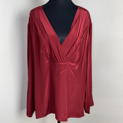 Nurture Blouse Women's XL Wine Pleated V Neck Flowy Long Sleeve Satin Date Night