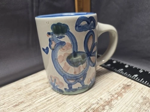 M A Hadley Pottery Mug Coffee Cup, The End Inside Bottom Folk Art Chicken