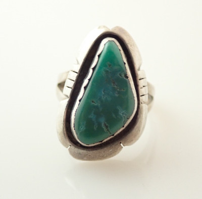 Vintage Navajo JD Signed Turquoise Sterling Silver Band Ring Sz 7