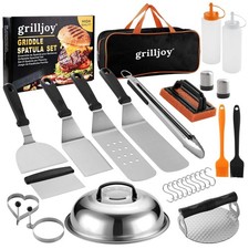 Grill Zubeh&ouml;r Set Edelstahl 28 Teile Grillschere Burgerpresse Grillzange