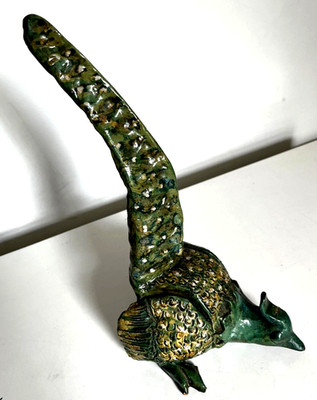 Vintage seltene abstrakte Keramik Kunst Skulptur 70er Raku grün Crackle Roquette 74
