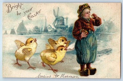 c1910's Easter Dutch Boy And Little Chicks Windmill Embossed Antique Postcard