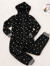 Kids Pajamas Size 4/5 Black White Star Cozy Zip Up Style Hood Fuzzy