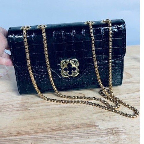 Black Croc Embossed Patent Shoulder Bag Gold Chain Crossbody Evening Clutch