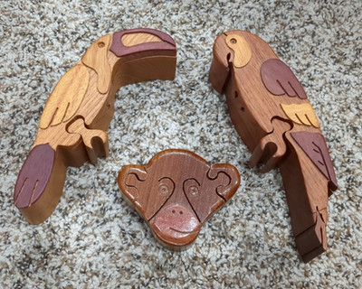 3 Wood Carved Animal Puzzle Boxes-Very Good Cond! Monkey, Parrot, & Toucan 