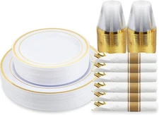 M MCIRCO 175 Piece Gold Dinnerware Set - 50 Plastic Plates, 25 Cups, 25 Pre Roll