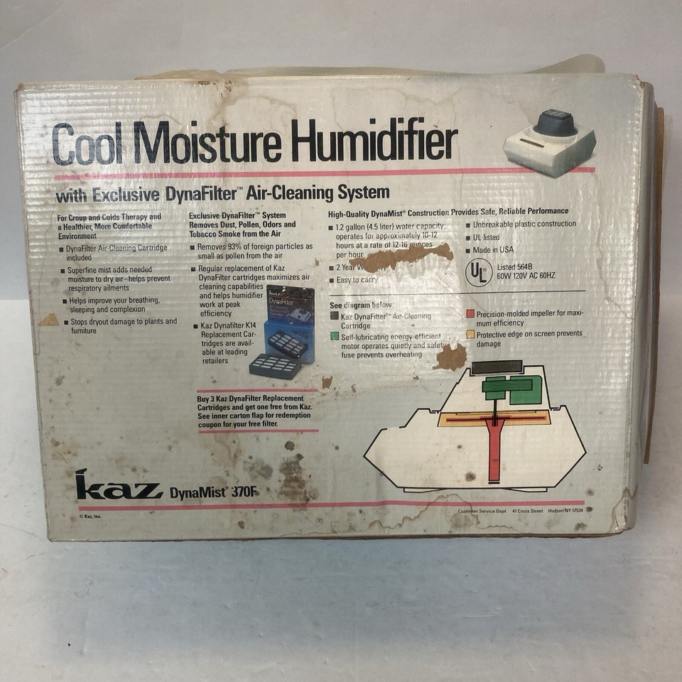 Kaz DynaMist Cool Moisture Humidifier 370F 1.2 Gal Original Box Manual ...