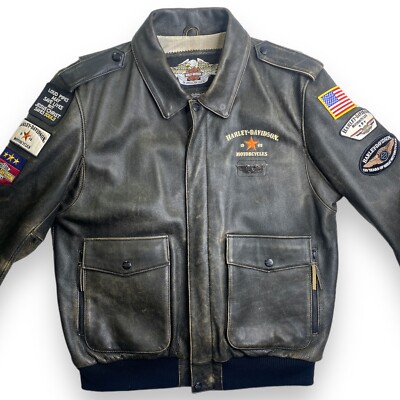 ジャケット・アウター 90s Harley-Davidson short leather bomber vintage 1990s leather HARLEY DAVIDSON motorcycle jacket 44 black