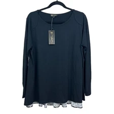 DG2 by Diane Gilman Womens Top Blouse Long Sleeves Pleated Floral Hem Black Sz L