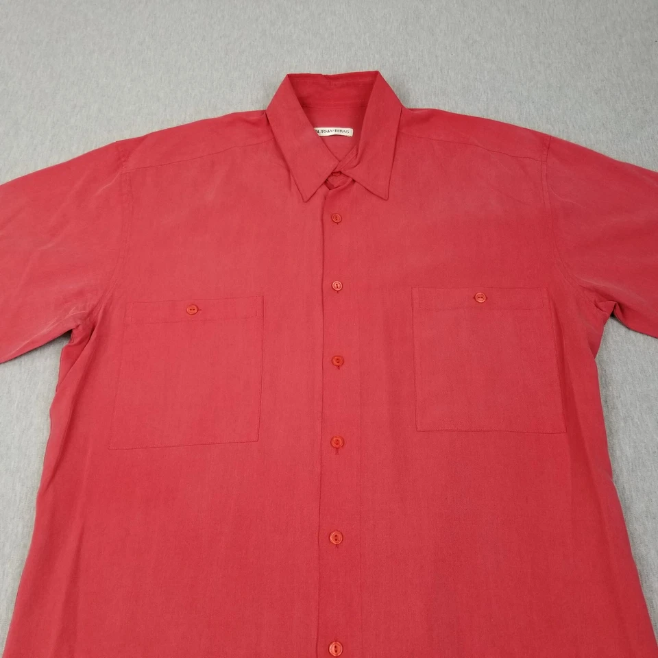 Camisa Birmania Bibas Para Hombre Mediana Manga Corta 100% Seda Abotonada Bolsillos Rojos Nueva Foto 2 de 4