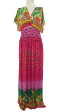 Kaftan Maxi Dress Paisley Colourful Print Smocked Empire Waist Bohemian BNWT XS