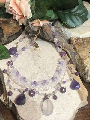 14. Erickson Beamon Gold tone Rose Quartz, Amethyst Choker Necklace 12 1/2''+3''