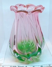 Watermelon Fruit Pink Green Glass Ruffle Vase