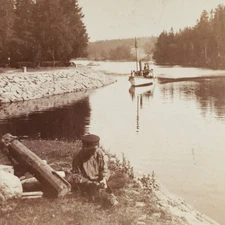 Saimaa Canal Boat Boy Stereoview c1897 Lavola Finland Steamer Child Card C1715