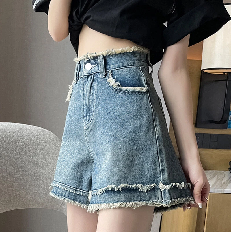 Women Thin Denim Shorts Mini Jeans Distressed Raw Edge High Waist Casual Summer - Image 3 of 4