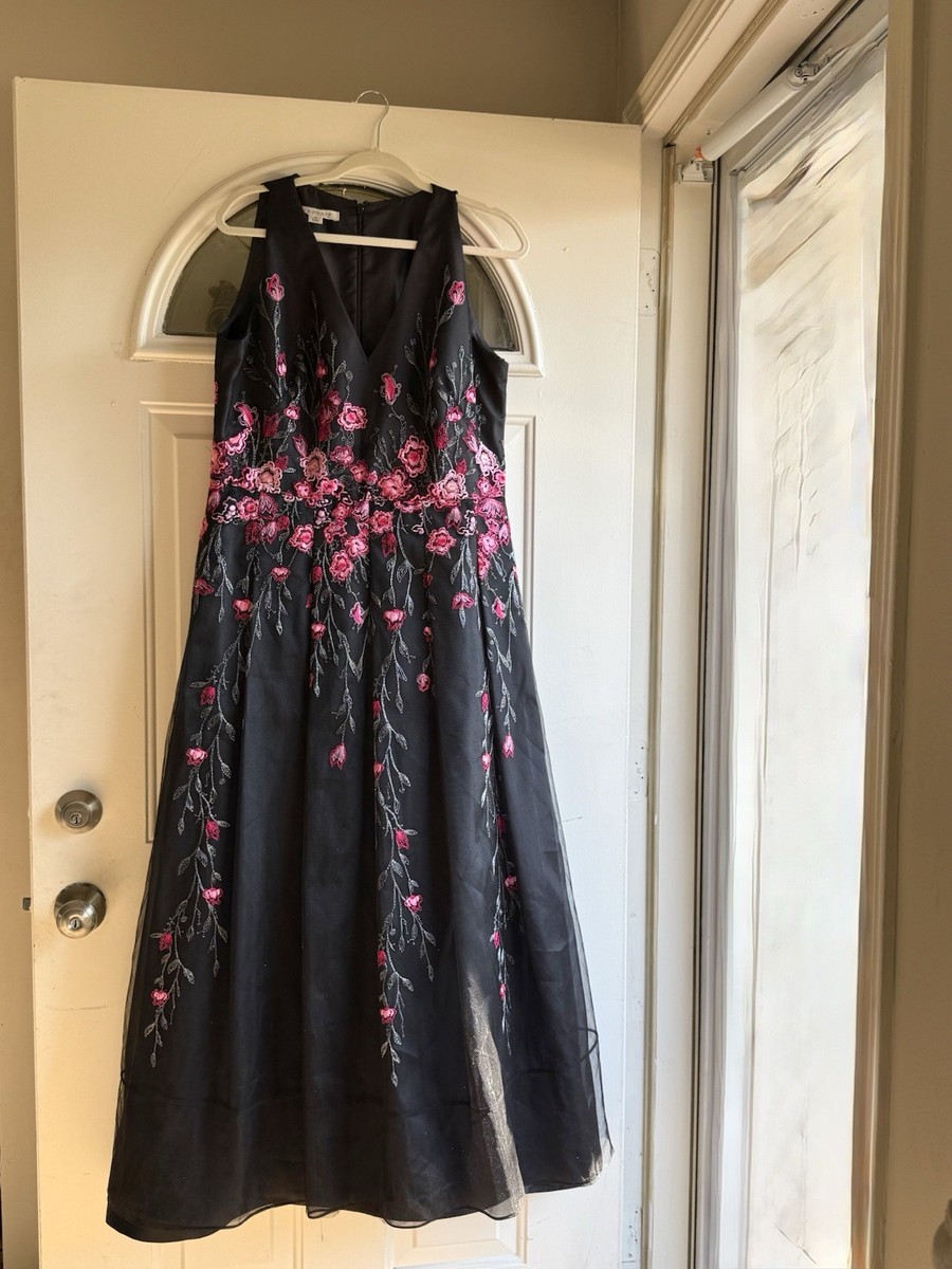 Kay Unger Black Floral Embroidered A-Line prom/ wedding guest Dress, Size:  16 | eBay