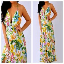 Blue Yellow Green Pink Floral Empire Long Maxi Dress M Medium NEW