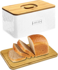 2-in-1 White Bread Box with Bamboo Lid, Metal Storage Bin & Built-In Cutting Boa