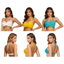 US Women Belly Dance Costume Arab Princess Shiny Sequin Bra Halter Lace-up Tops