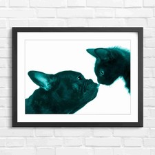 Cute Black Puppy Licking Cat Teal Framed Wall Art Print Large Picture Home Decor